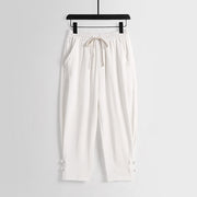 Foviel Summer Drawstring Elastic Waist Frog-Button Ankle-Length Men's Cotton Linen Pants With Pockets