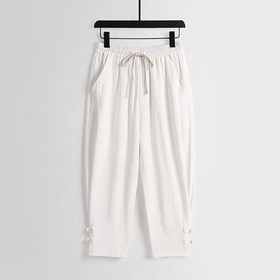 Buddha Stones Summer Drawstring Elastic Waist Frog-Button Ankle-Length Men's Cotton Linen Pants With Pockets - White - US/UK/AU54，EU64 (9XL) - image 13