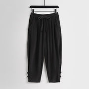 Foviel Summer Drawstring Elastic Waist Frog-Button Ankle-Length Men's Cotton Linen Pants With Pockets