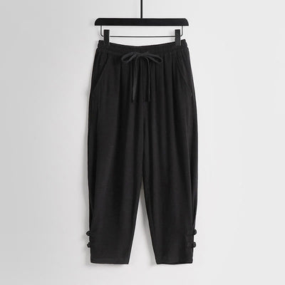 Buddha Stones Summer Drawstring Elastic Waist Frog-Button Ankle-Length Men's Cotton Linen Pants With Pockets - Black - US/UK/AU54，EU64 (9XL) - image 10
