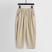 Foviel Summer Drawstring Elastic Waist Frog-Button Ankle-Length Men's Cotton Linen Pants With Pockets