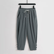 Foviel Summer Drawstring Elastic Waist Frog-Button Ankle-Length Men's Cotton Linen Pants With Pockets