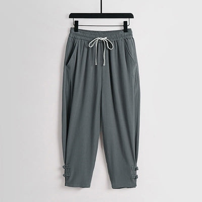 Buddha Stones Summer Drawstring Elastic Waist Frog-Button Ankle-Length Men's Cotton Linen Pants With Pockets - CadetBlue - US/UK/AU54，EU64 (9XL) - image 0