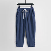 Foviel Summer Drawstring Elastic Waist Frog-Button Ankle-Length Men's Cotton Linen Pants With Pockets