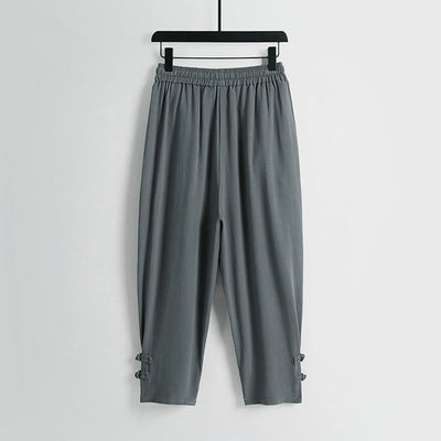 Buddha Stones Summer Drawstring Elastic Waist Frog-Button Ankle-Length Men's Cotton Linen Pants With Pockets - image 1