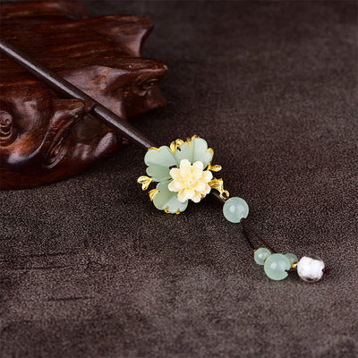 Buddha Stones Green Yellow White Flower Liuli Glass Wood Hairpin - image 3