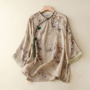 Foviel White Orchid Red Flowers Frog-Button Design Three Quarter Sleeve Women's Shirt