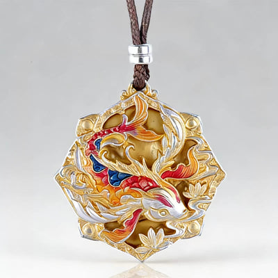 Buddha Stones 999 Sterling Silver Colorful Koi Fish Carved Luck Necklace Pendant - image 10