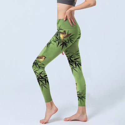 Buddha Stones Elegant Bird Bamboo Leaf Pattern Print Gym Leggings Women's Yoga Pants - image 2