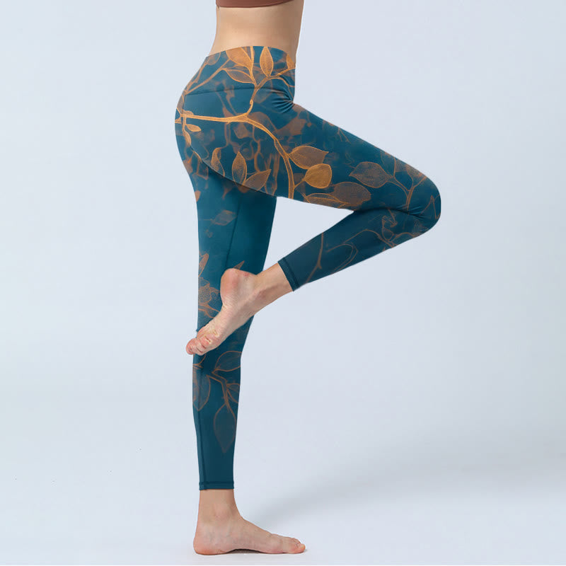 Buddha Stones Elegant Leaf Pattern Print Gym Leggings Women's Yoga Pants - image 3