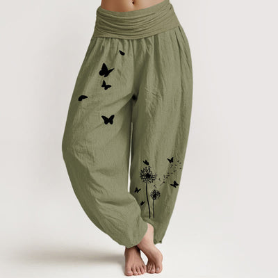 Buddha Stones Pure Cotton Elegant Butterfly Dandelion Pattern Women's Elastic Waist Harem Pants - OliveDrab - US16，UK/AU20，EU48 (3XL) - image 14