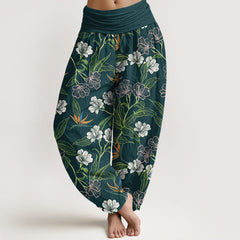 Buddha Stones Cotton Contrasting Colors Flower Leaf Pattern Women's Elastic Waist Harem Pants - Teal - US16，UK/AU20，EU48 (3XL) - image 0