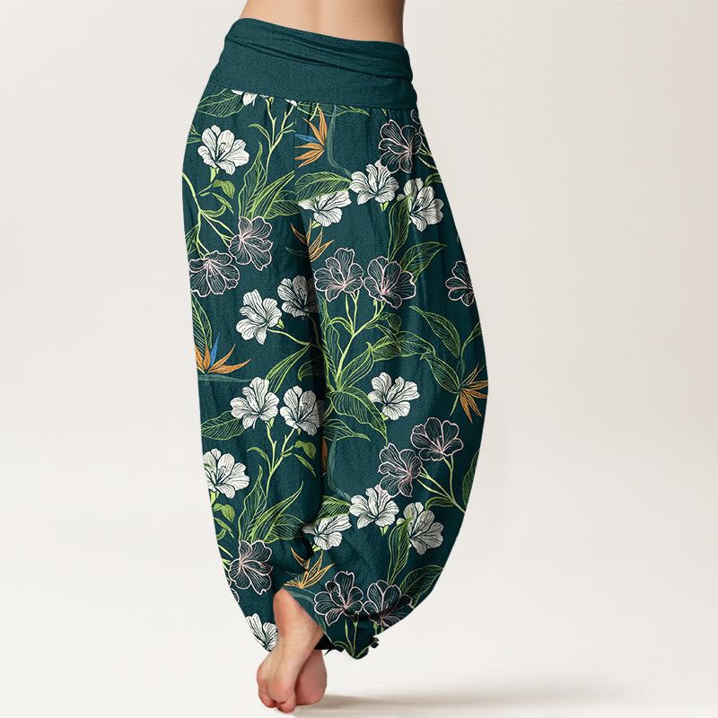 Buddha Stones Cotton Contrasting Colors Flower Leaf Pattern Women's Elastic Waist Harem Pants - image 1