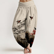 Foviel Cotton Classical Bamboo Bird Flower Pattern Women's Elastic Waist Harem Pants