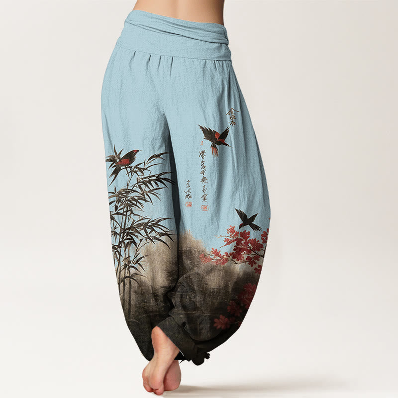 Buddha Stones Cotton Classical Bamboo Bird Flower Pattern Women's Elastic Waist Harem Pants - image 9