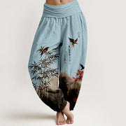 Foviel Cotton Classical Bamboo Bird Flower Pattern Women's Elastic Waist Harem Pants