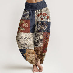 Buddha Stones Cotton Color Blocking Design Flower Geometry Pattern Women's Elastic Waist Harem Pants - MidnightBlue - US16，UK/AU20，EU48 (3XL) - image 0