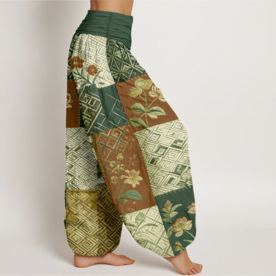 Buddha Stones Cotton Color Blocking Design Flower Geometry Pattern Women's Elastic Waist Harem Pants - image 10