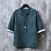 Foviel Summer Floral Pattern Frog-Button Half Sleeve Cotton Men's Shirt