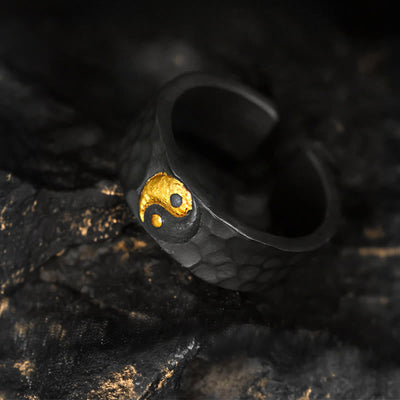 Buddha Stones Handmade 999 Sterling Silver 999 Gold Yin Yang Textured Balance Ring - image 1