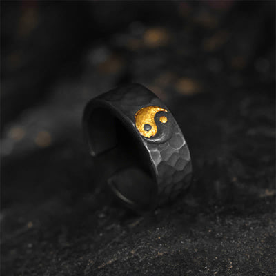 Buddha Stones Handmade 999 Sterling Silver 999 Gold Yin Yang Textured Balance Ring - US8-US10 - image 0