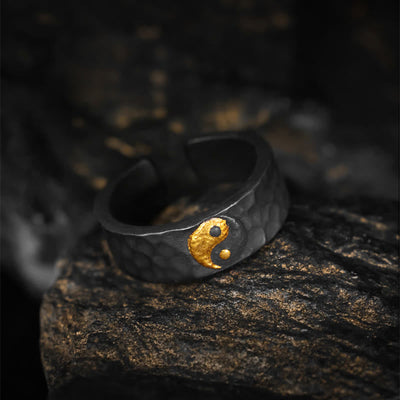 Buddha Stones Handmade 999 Sterling Silver 999 Gold Yin Yang Textured Balance Ring - image 3