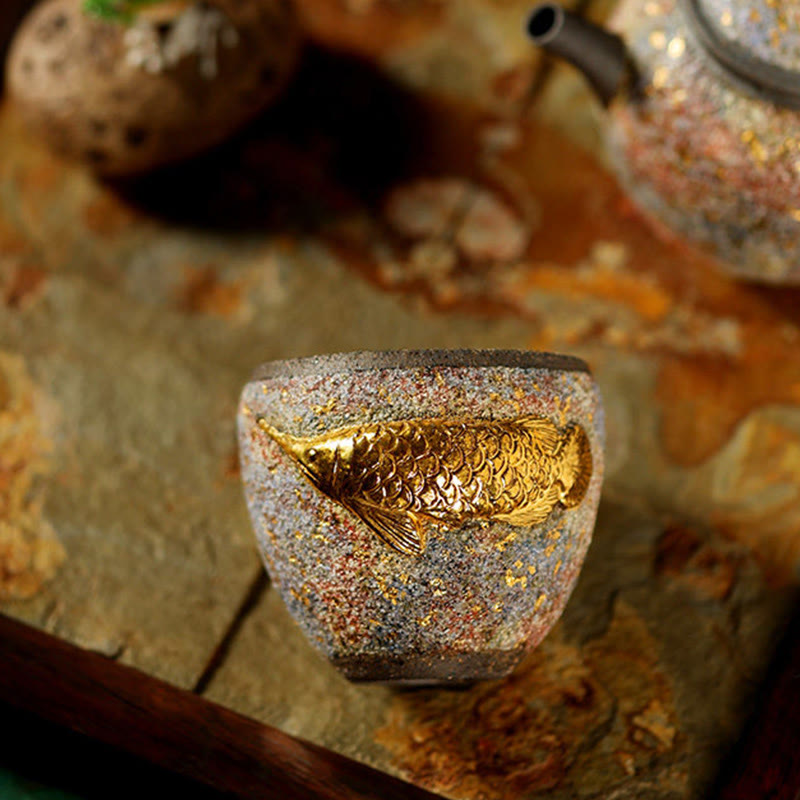Buddha Stones Golden Arowana Koi Fish Ceramic Teacup Kung Fu Tea Cup - image 8