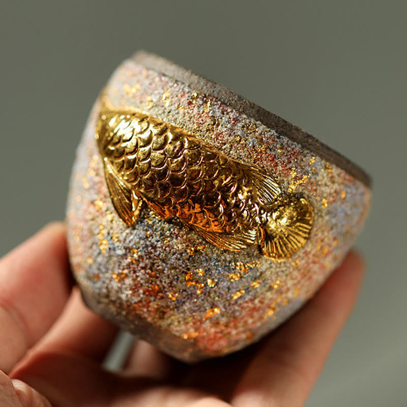 Buddha Stones Golden Arowana Koi Fish Ceramic Teacup Kung Fu Tea Cup - image 1