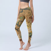 Foviel Traditionelle Lotus Blumen Wolkenmuster Drucken Gym Leggings Damen Yoga Hose
