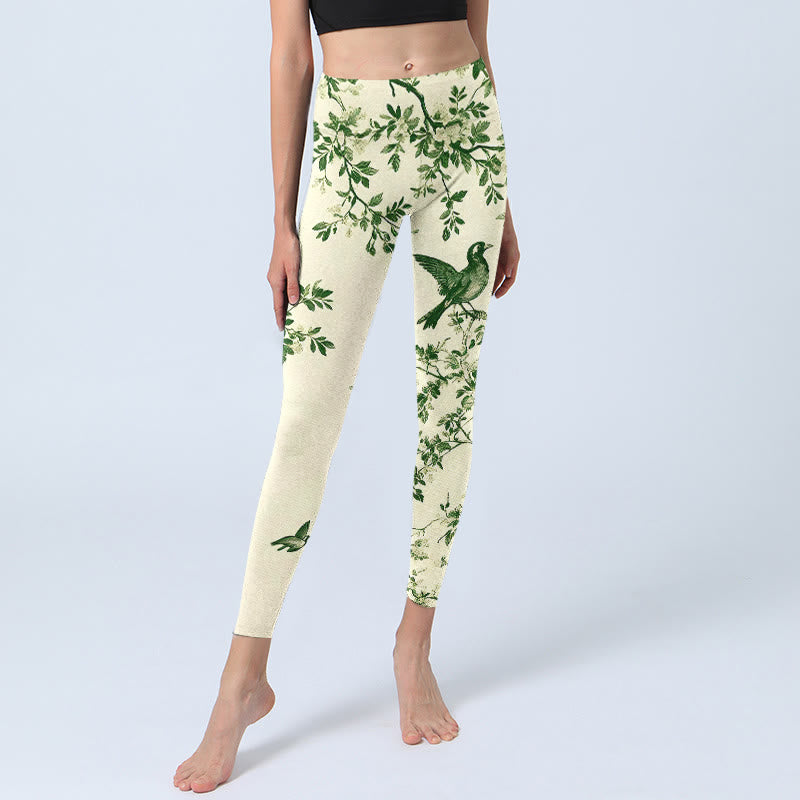 Buddha Stones Fresh Tree Flower Leaf Bird Pattern Print Gym Leggings Women's Yoga Pants - image 5