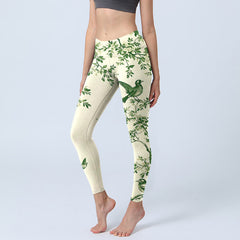 Buddha Stones Fresh Tree Flower Leaf Bird Pattern Print Gym Leggings Women's Yoga Pants - Beige - US18，UK/AU22，EU50 (4XL) - image 0