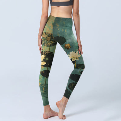 Buddha Stones Classical Lotus Flower Leaf Pattern Print Gym Leggings Women's Yoga Pants - image 4