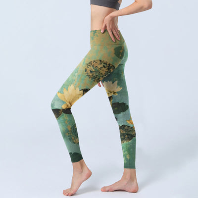 Buddha Stones Classical Lotus Flower Leaf Pattern Print Gym Leggings Women's Yoga Pants - image 2