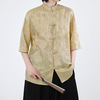 Buddha Stones Summer Frog-Button Half Sleeve Vine Leaf Flower Pattern Men's Shirt  - image 12