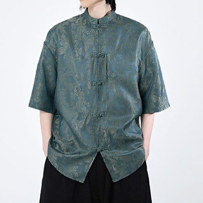 Buddha Stones Summer Frog-Button Half Sleeve Vine Leaf Flower Pattern Men's Shirt  - image 1