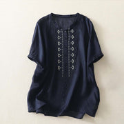 Foviel Summer Floral Pattern Crew Neck Short Sleeve Women's Polyester Shirt