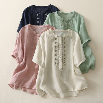Buddha Stones Summer Floral Pattern Crew Neck Short Sleeve Women's Polyester Shirt  - image 23