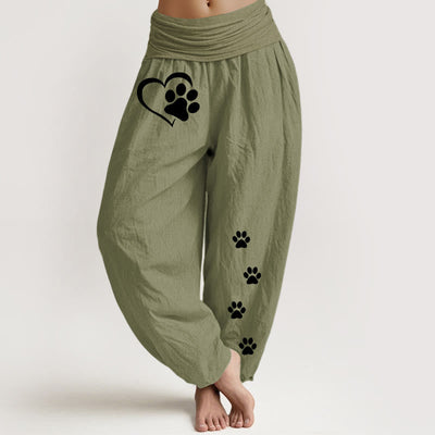 Buddha Stones Pure Cotton Concise Cat Paw Prints Heart-Shaped Pattern Women's Elastic Waist Harem Pants - OliveDrab - US16，UK/AU20，EU48 (3XL) - image 14