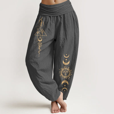 Buddha Stones Pure Cotton Concise Sun Moon Geometric Pattern Women's Elastic Waist Harem Pants - DimGray - US16，UK/AU20，EU48 (3XL) - image 8