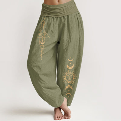 Buddha Stones Pure Cotton Concise Sun Moon Geometric Pattern Women's Elastic Waist Harem Pants - OliveDrab - US16，UK/AU20，EU48 (3XL) - image 14