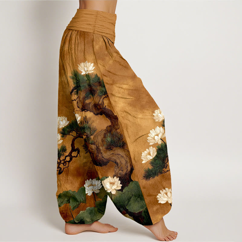 Buddha Stones Pure Cotton Elegant Pine Tree Lotus Flower Leaf Pattern Women's Elastic Waist Harem Pants - image 2