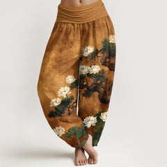 Buddha Stones Pure Cotton Elegant Pine Tree Lotus Flower Leaf Pattern Women's Elastic Waist Harem Pants - Goldenrod - US16，UK/AU20，EU48 (3XL) - image 0