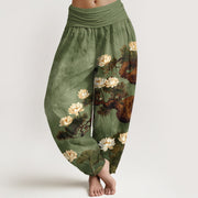 Foviel reine Baumwolle Eleganter Kiefernbaum Lotus Blütenblatt Muster Damen elastische Taille Harem Hose
