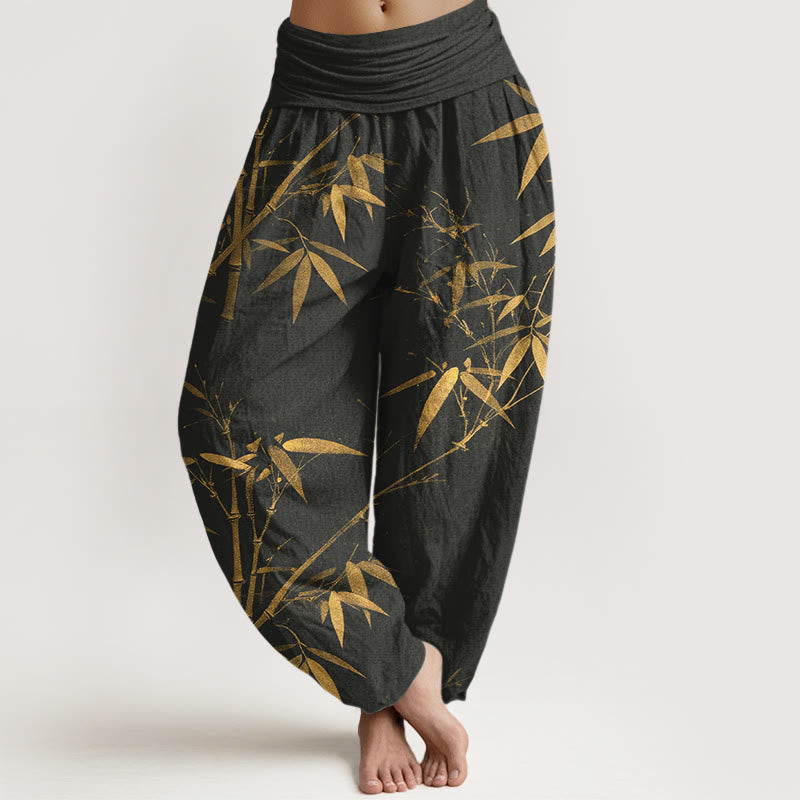 Buddha Stones Pure Cotton Classical Bamboo Pattern Women's Elastic Waist Harem Pants - Black - US16，UK/AU20，EU48 (3XL) - image 8
