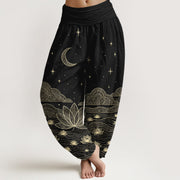 Foviel Pure Cotton Elegant Moon Star Cloud Lotus Flower Water Ripple Pattern Women's Elastic Waist Harem Pants