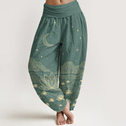 Foviel Pure Cotton Elegant Moon Star Cloud Lotus Flower Water Ripple Pattern Women's Elastic Waist Harem Pants