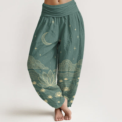 Buddha Stones Pure Cotton Elegant Moon Star Cloud Lotus Flower Water Ripple Pattern Women's Elastic Waist Harem Pants - LightSeaGreen - US16，UK/AU20，EU48 (3XL) - image 5
