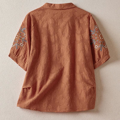 Buddha Stones Casual Floral Pattern Lapel Women's Cotton T-shirt - image 16