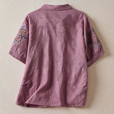 Buddha Stones Casual Floral Pattern Lapel Women's Cotton T-shirt - image 1