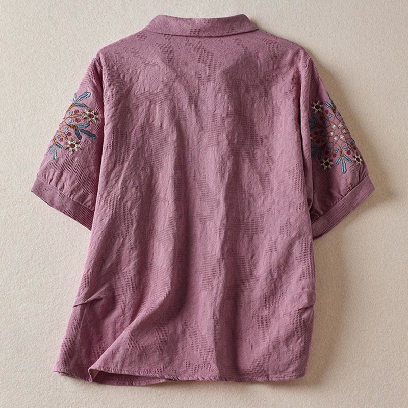 Buddha Stones Casual Floral Pattern Lapel Women's Cotton T-shirt - image 1